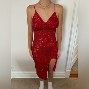 Sparkly red sequin angle length dress with slit